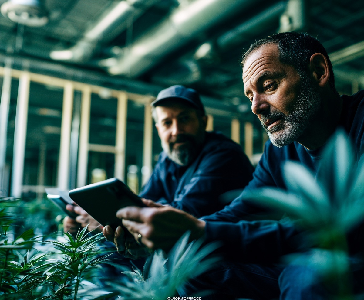 Cultiv8 consultants reviewing plans inside a cultivation facility