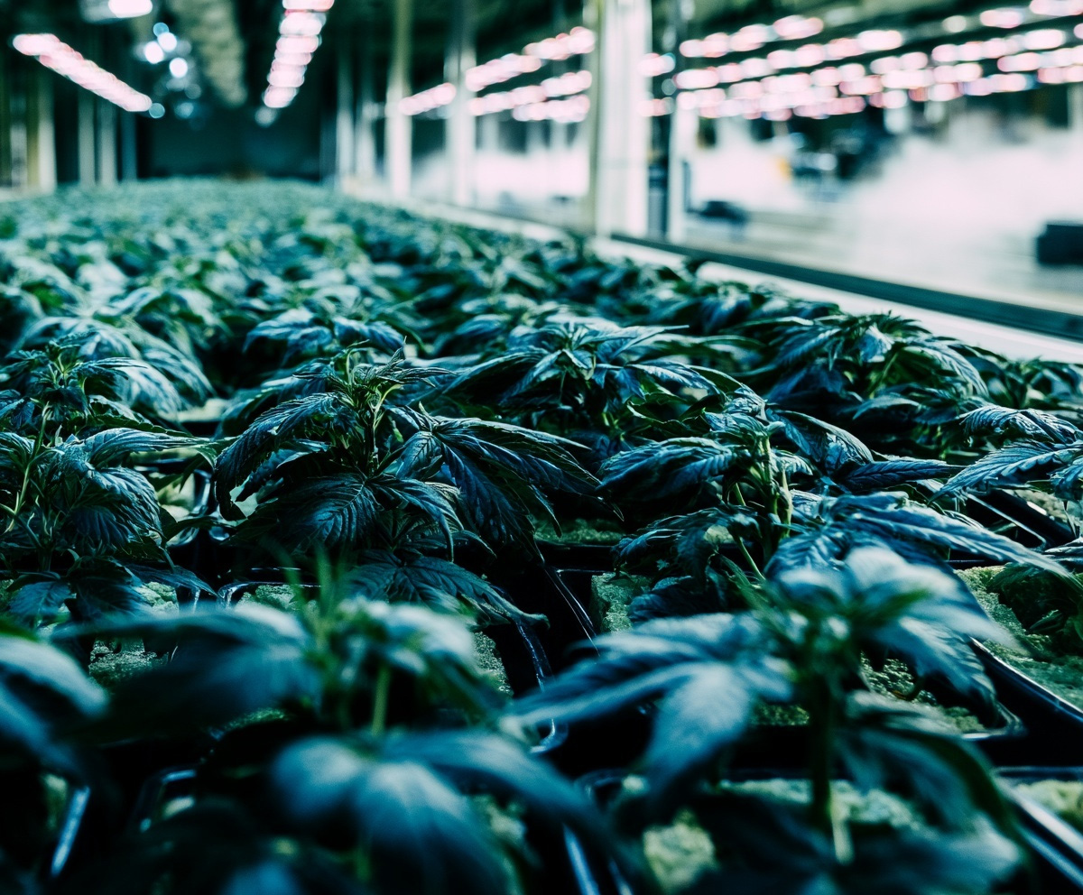 Propagation room with rows of young plants