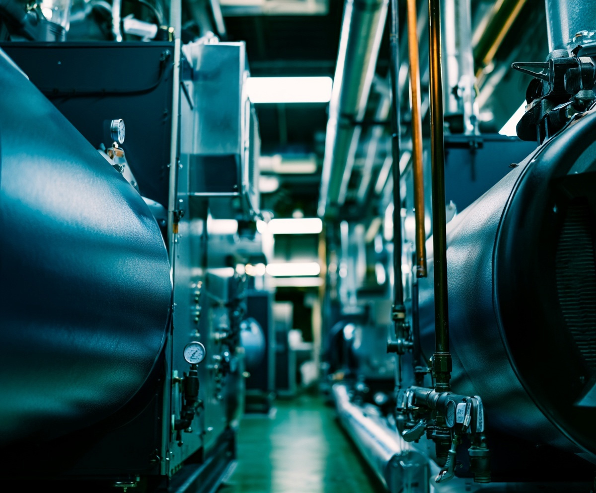 Industrial mechanical room with air handling and piping